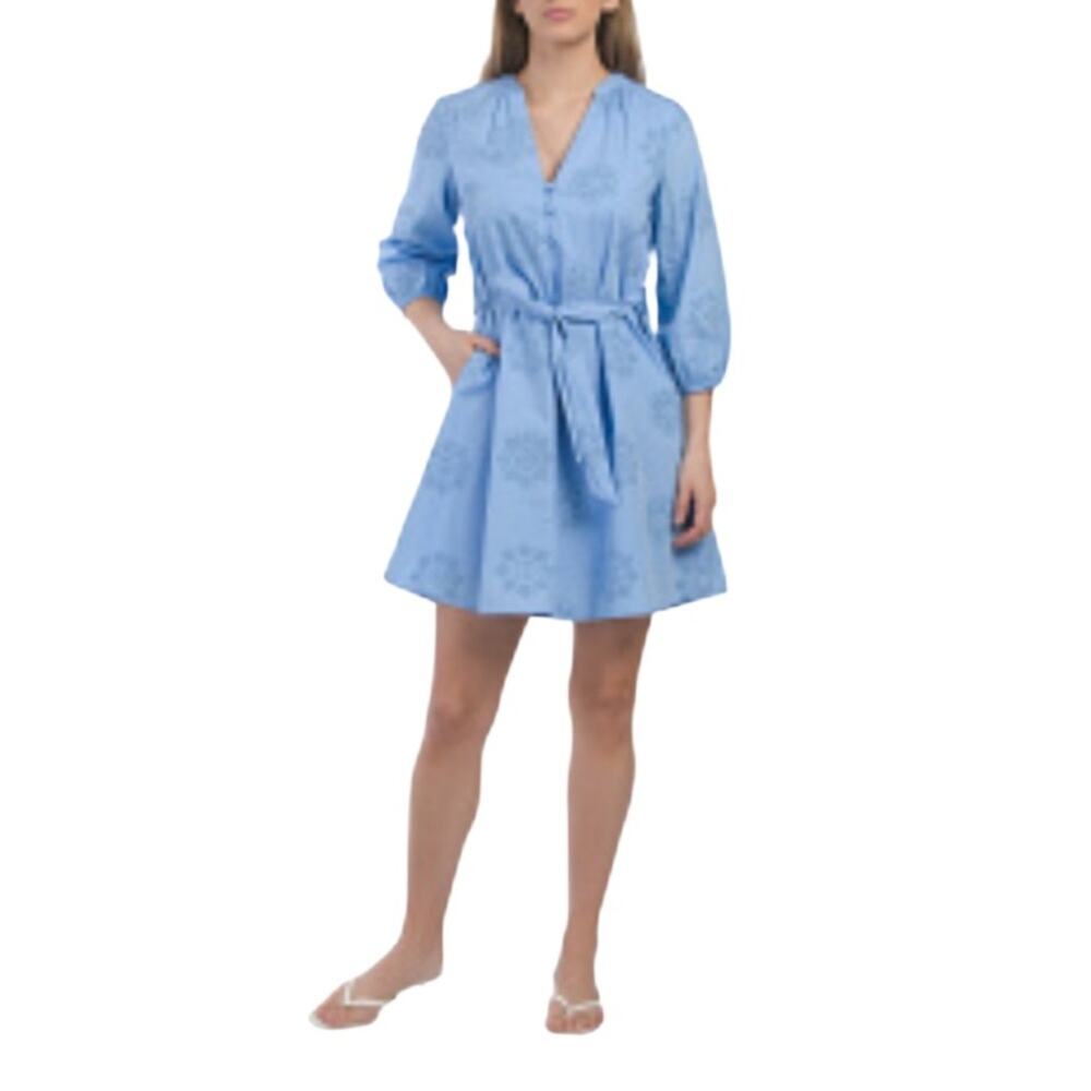 Cynthia Rowley Rubber Embroidery Blue Summer 3/4 Sleeve  Mini Dress Size S NWOT